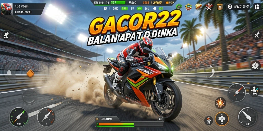 Screenshot gameplay GACOR22 menampilkan aksi balapan motor yang seru.