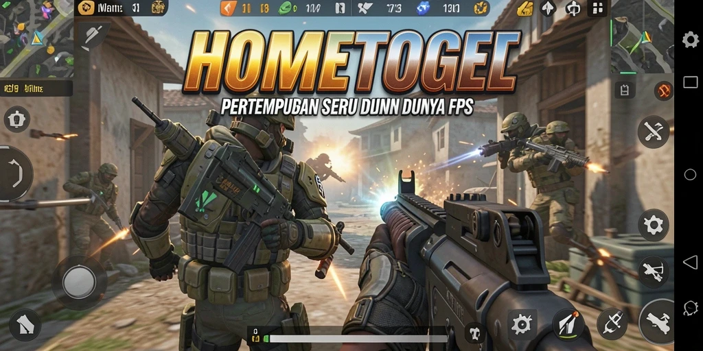 Screenshot utama HOMETOGEL menampilkan intensitas pertempuran FPS yang mendebarkan.