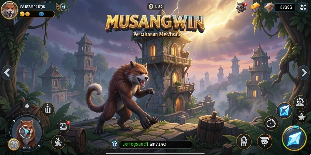 Screenshot gameplay <strong>MUSANGWIN</strong> yang menunjukkan pertahanan menara yang epik dan seru.