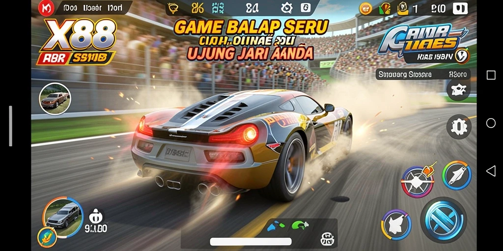 Gameplay X88 yang mendebarkan dengan mobil balap berkualitas.